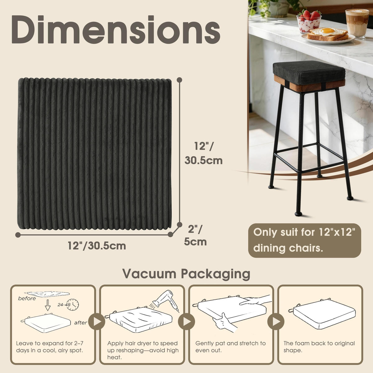 ZenComfy 30x30cm Bar Stool Cushions Square Set of 4 Dark Grey