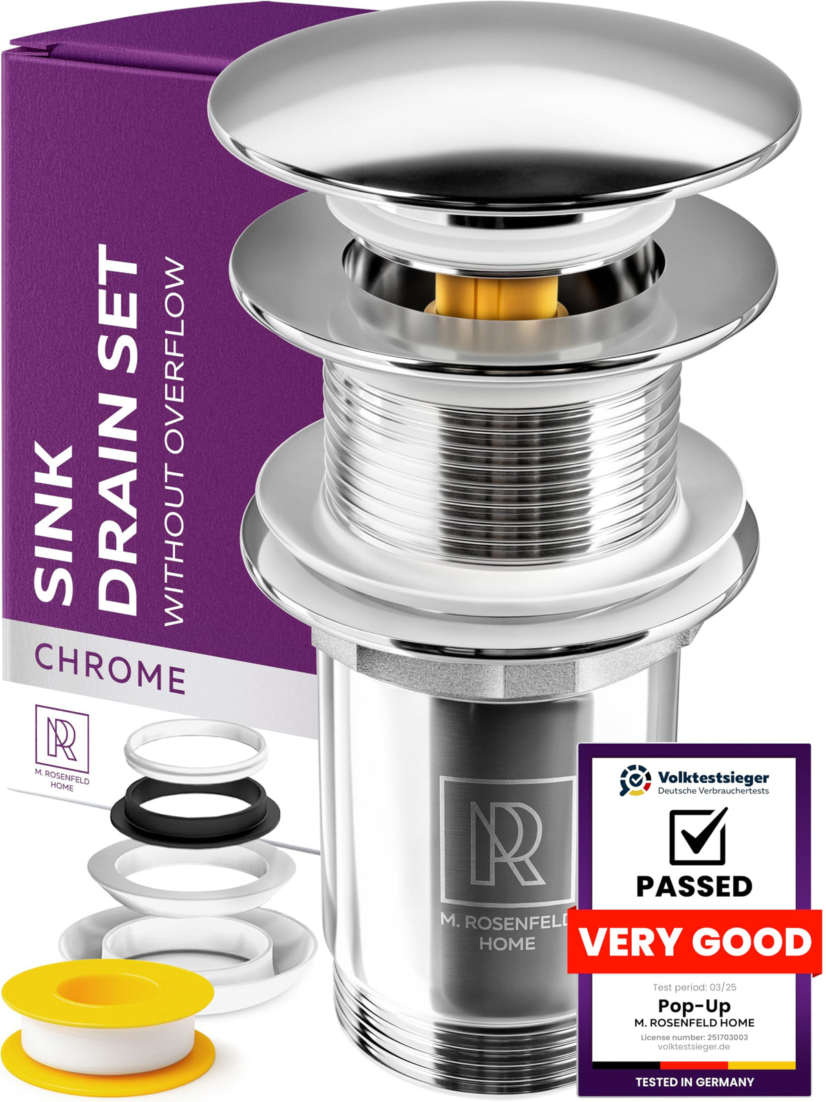 M. ROSENFELD HOME Click Clack Basin Waste Kit without Overflow 1 1/4" Universal Chrome Bathroom Sink Waste Kit Pop Up