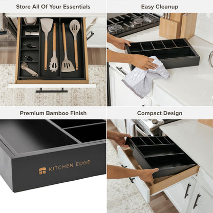 Grehge ustable Kitchen Drawer Organiser for Utensils and Junk, Expandable to 28 Inches Wide, 9 Compartments, 100% Bamboo