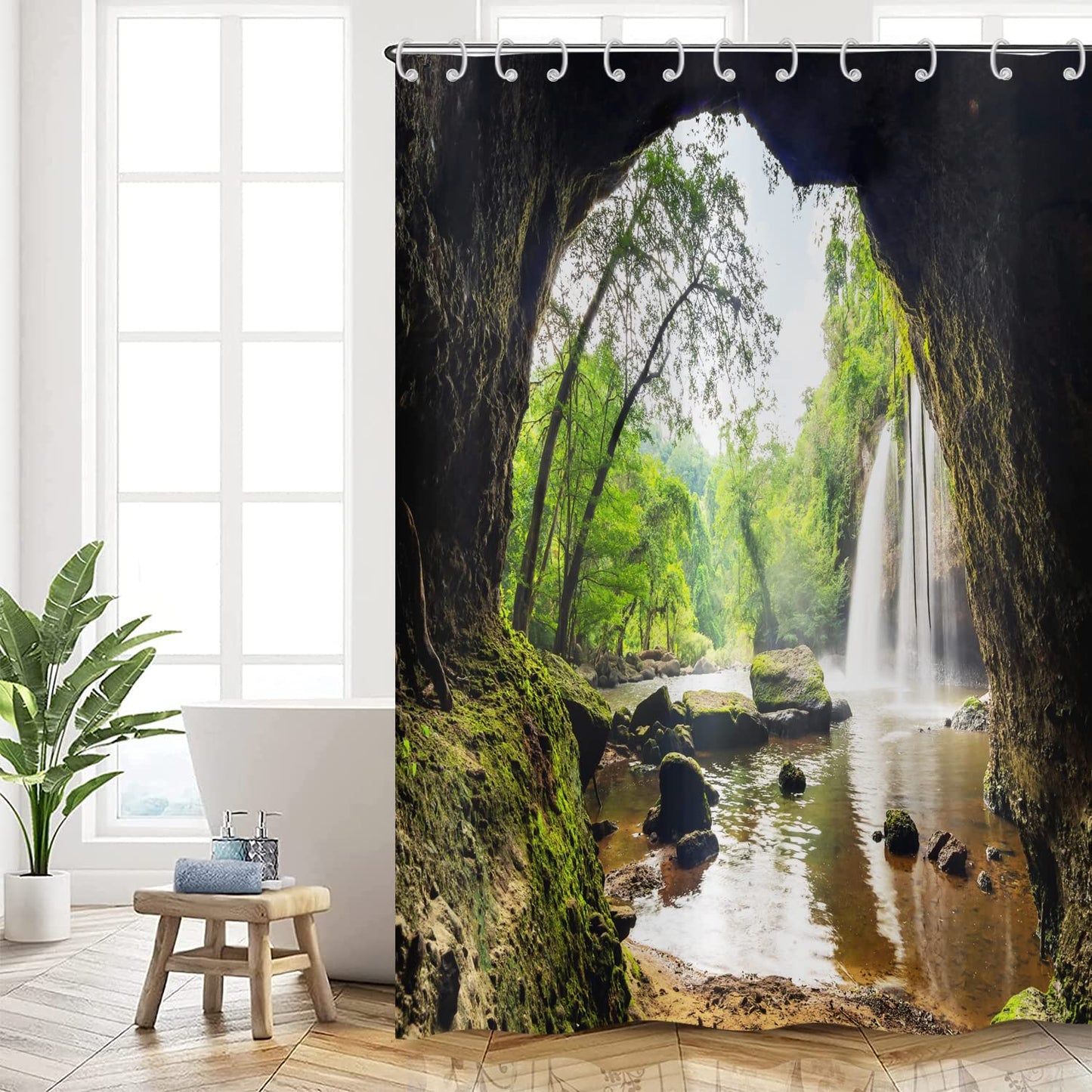 Hnmdmyi Forest Shower Curtain 90x180, Tropical Jungle Rainforest Green Tree Plant Nature Mountain Cave Landscape Waterfall Scenery Bathroom Curtains