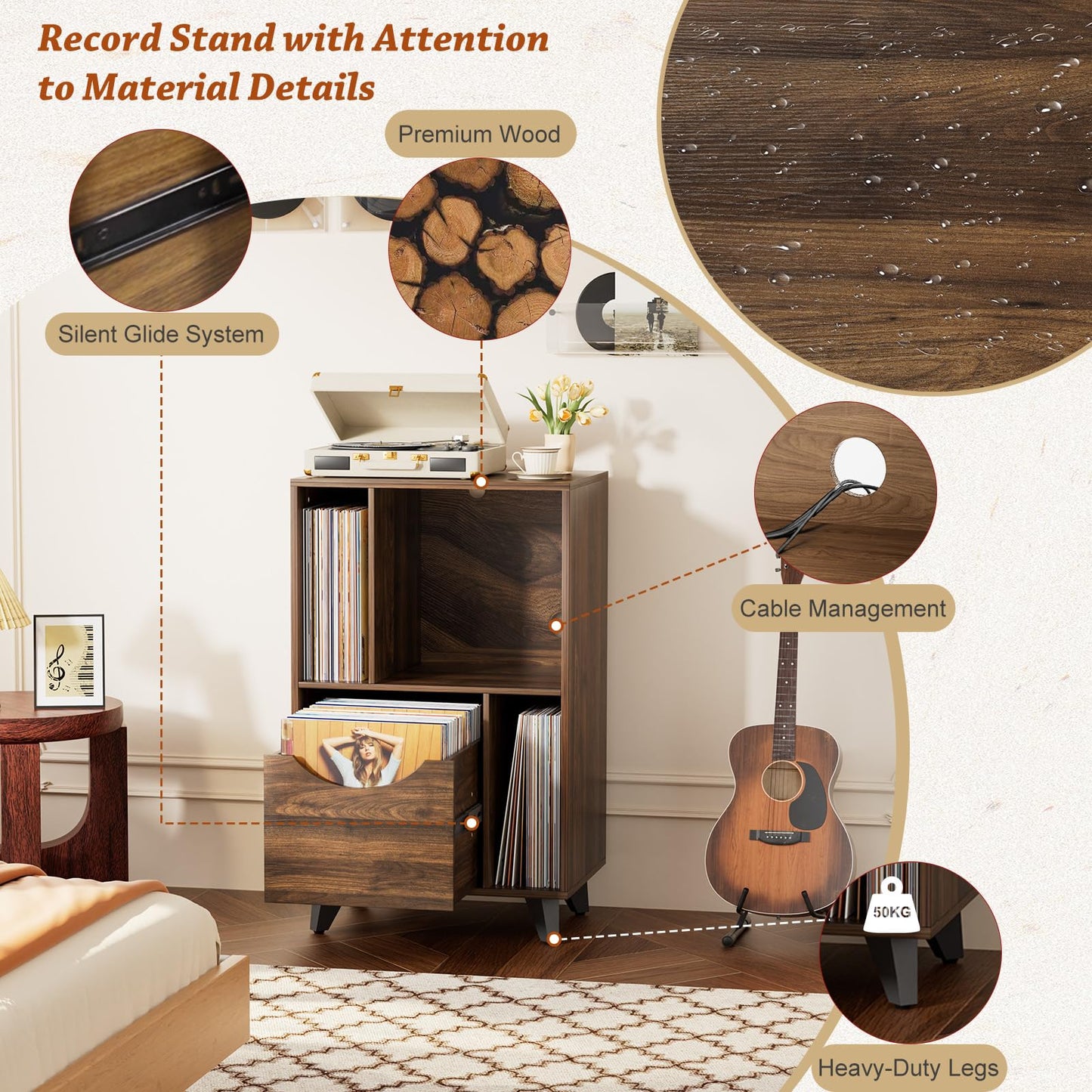 Bikoney Record Player Stand with Vinyl Storage Drawer and Cabinet