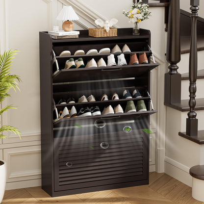 BonVache Shoe Storage with 3 Flip Louvered Doors, Narrow Wooden Shoe Cabinet 120x80x24cm with Adjustable Shelves For Hallway, Entreway