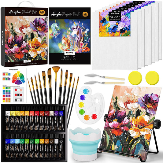 Nicpro 68PCS Acrylic Paint Canvas Set, Art Painting Supplies Kit with 24 Paints,Table Easel,8 Canvas Panels,12 Brushes,Paper Pad,Cleaning