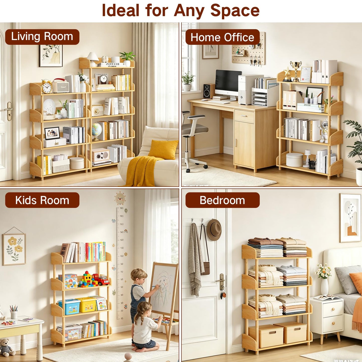 OUTONLIFE 4-Tier Wooden Open Bookcase, Modern Display Bookshelf with Solid Wood Frame and Rounded Corner Design, Storage Organizer for Living Room