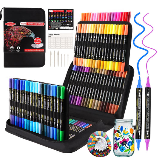 Funnasting Acrylic Paint Pens, 120 Colors Dual Tip Acrylic Markers, Glass Paint Pens Contain 12 Metallic Color for Rock Painting, Wood, Canvas, Stone,