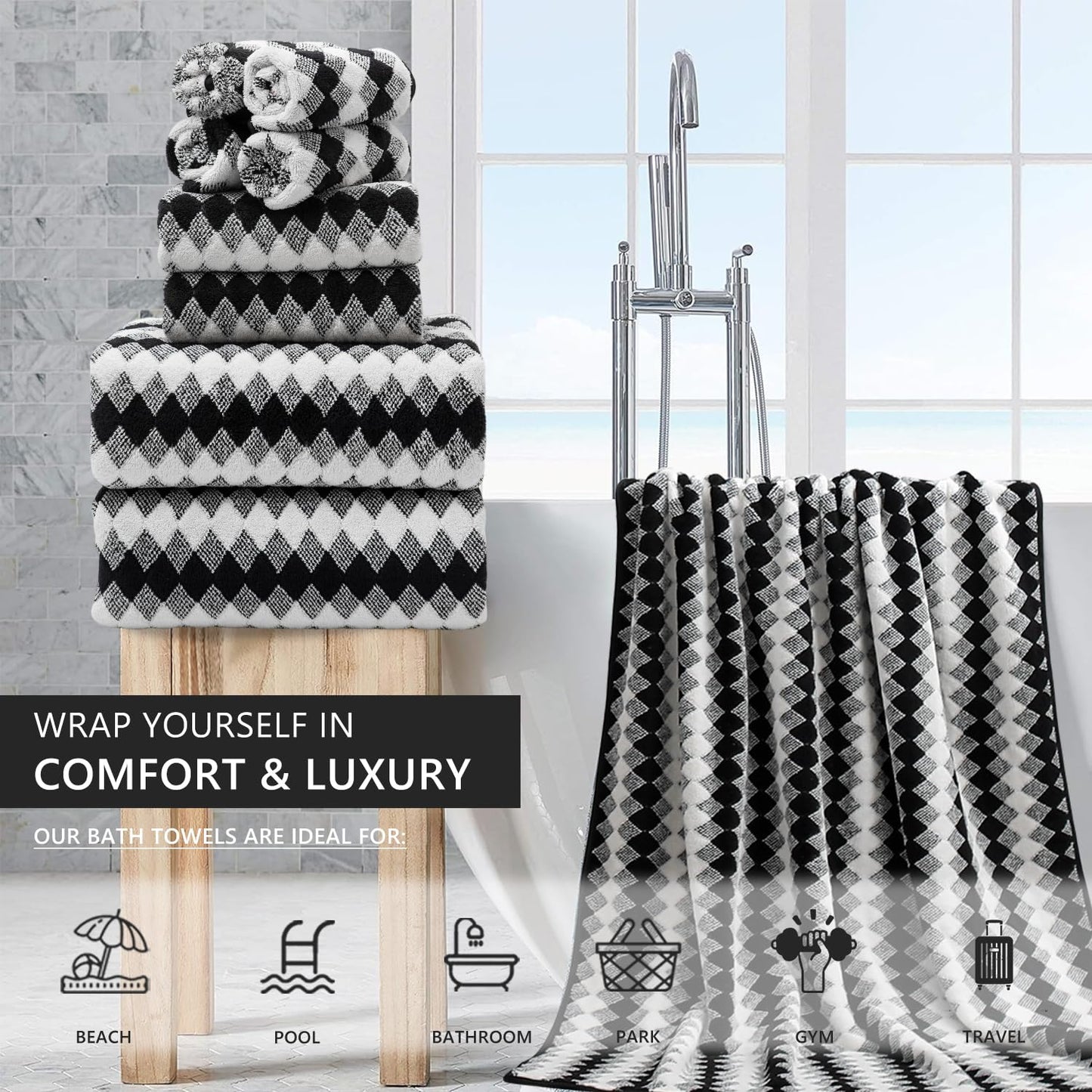 8 Piece Bathroom Towel Set Black White|2 Oversized Large Bath Towels Sheet,2 Hand Towels,4 Washcloths| 600GSM Soft Towel Set for Bathroom