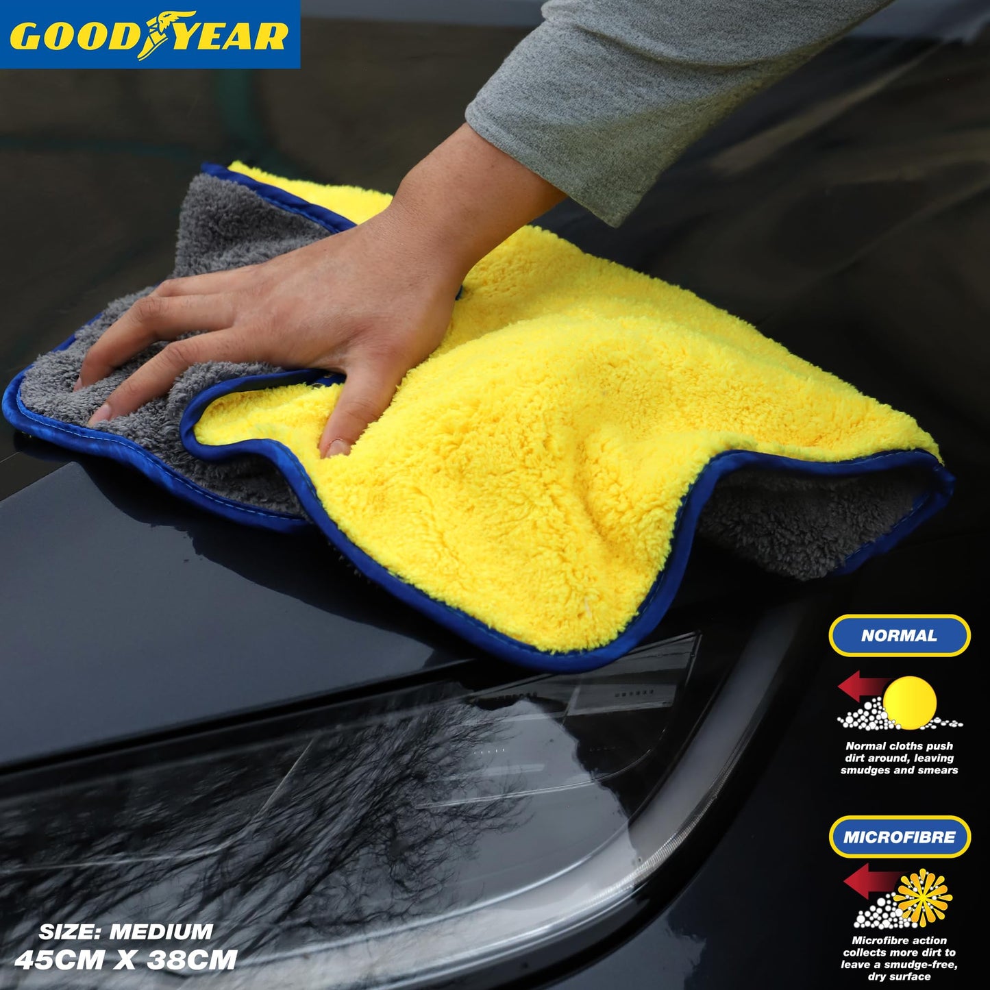 Goodyear Luxury Valet Cloth Large Deep pile for absorbency| For showroom perfect finish |2 in 1 luxury car cloth| Microfibre technology| Cleaning