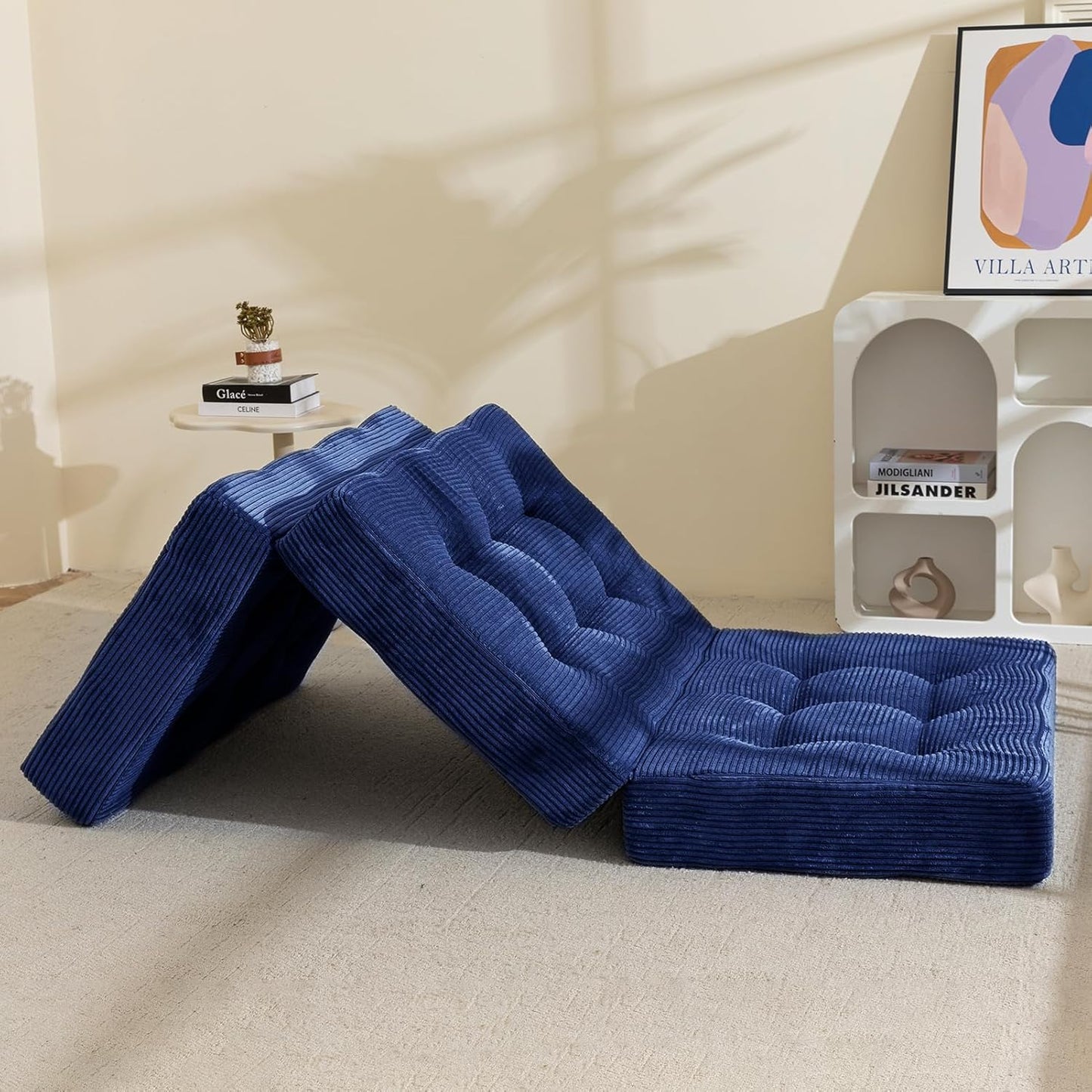 MAXYOYO Folding Mattress, Comfy Corduroy Foldable Mattress with 15cm Thicken Foam, Tri-Fold Floor Futon Sofa Bed for Guest,Dark blue,Single