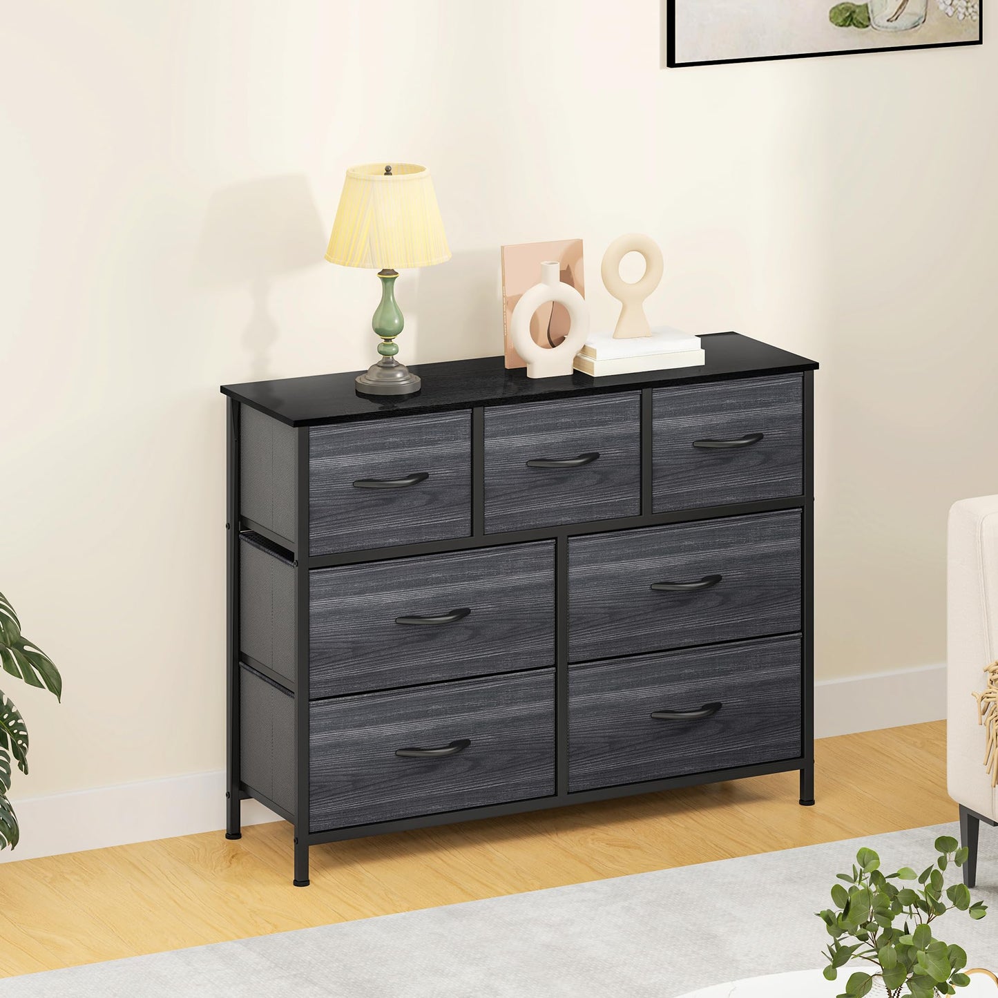 DWVO Wide Chest of Drawers,Fabric Chest of Drawers Bedroom Cabinet with 7 Drawers,Dresser for Bedroom,Living Room With Handles,Wood Top and Sturdy