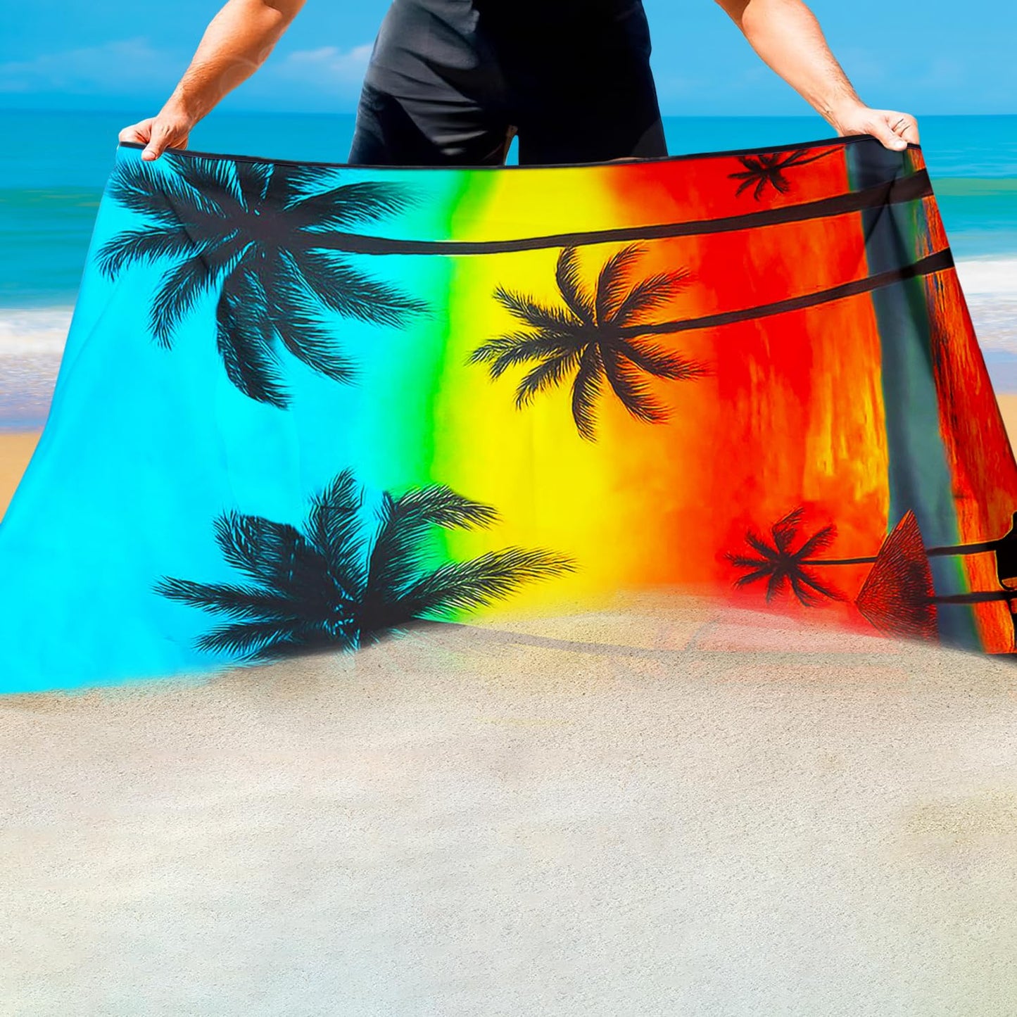 Violetpos Rainbow Sunset Palm Tree Beach Towel, Extra Large 180x90 cm 250GSM Microfibre, Sand Free Quick Dry
