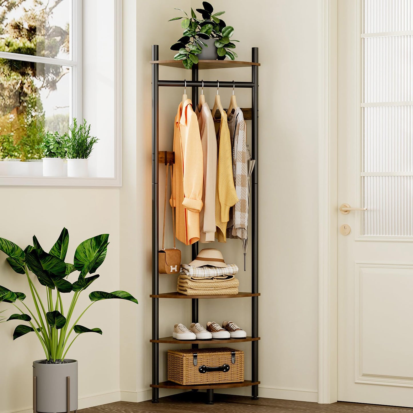 VEDECASA Corner Hall Tree Coat Rack with 4-Tier Shelves & Shoe Bench – Freestanding Corner Entryway Storage with 6 Movable Hooks