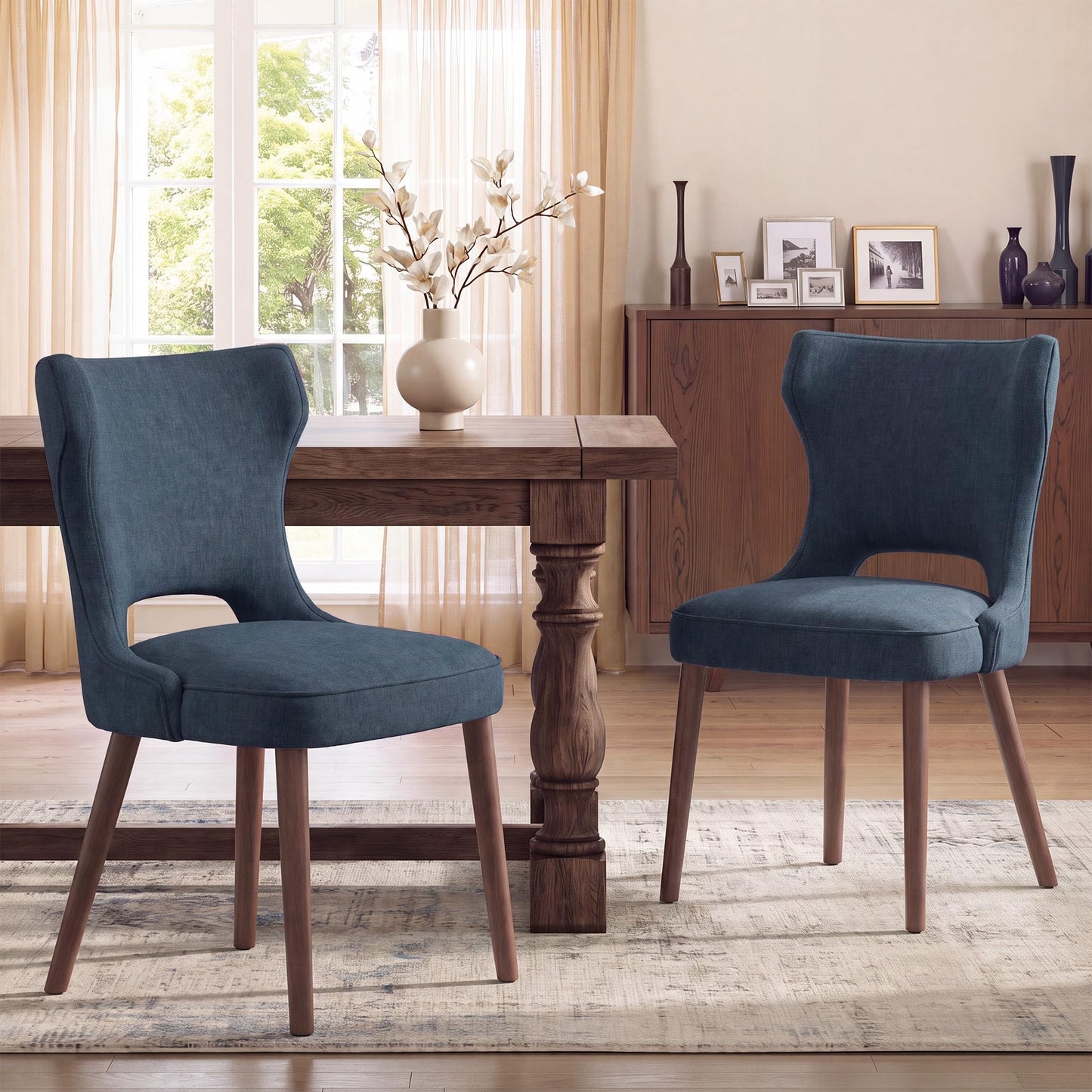 MALOL Upholstered Dining Chairs Set of 2, Dining Room Chairs with Hollow Backrest, High Back Kitchen Chairs with Solid Wood Legs, Thick Seat Cushion
