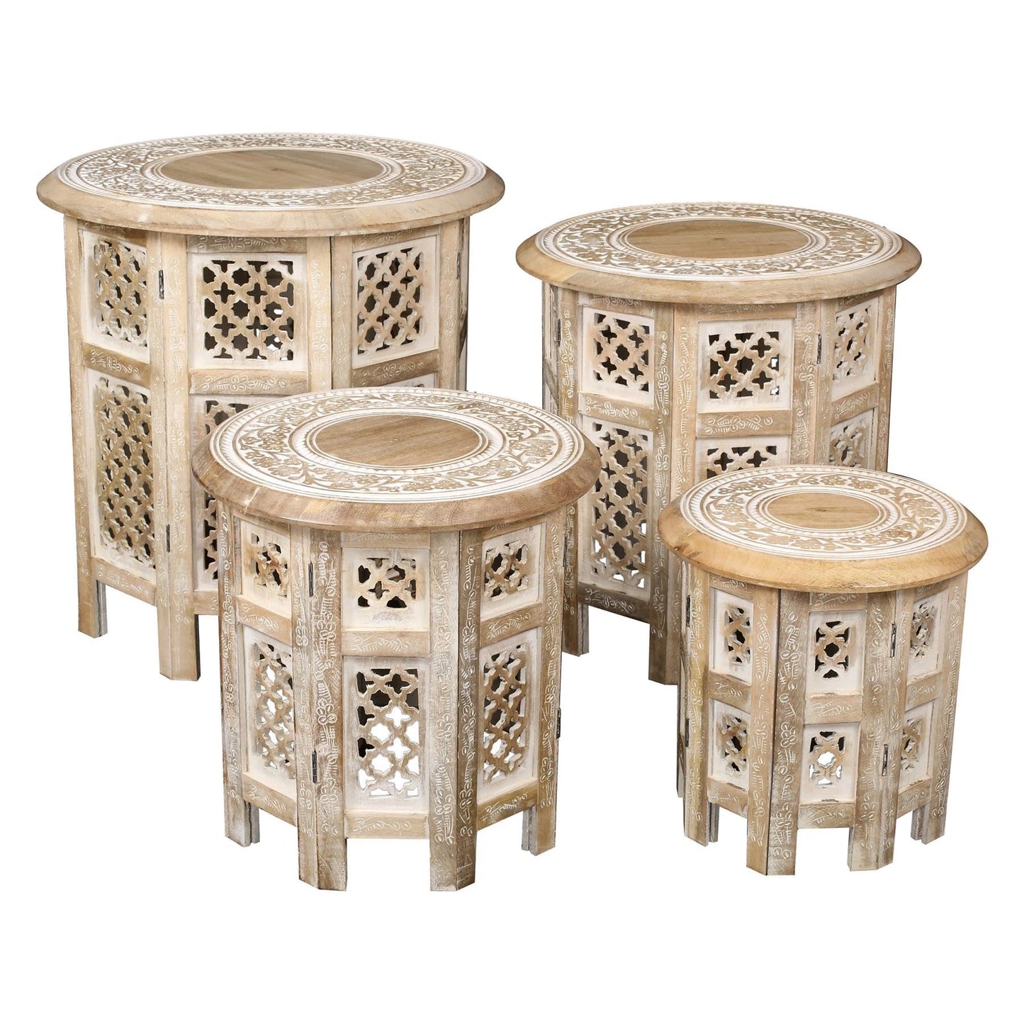 topfurnishing Beautiful Round Hand Carved Indian Shesham Wooden Coffee Table Side Table Beige Small 12"x12"x12" 30.5 cm