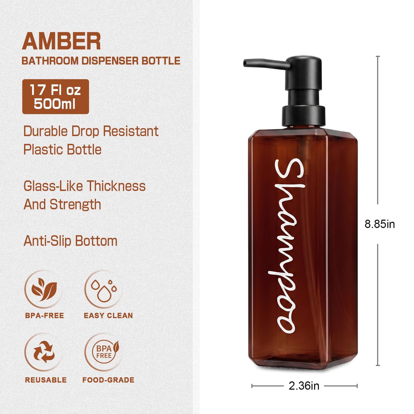 GMISUN Shampoo and Conditioner Dispenser, 17 Fl oz / 500ml Square Shower Gel Dispenser, Refillable Shampoo Bottles