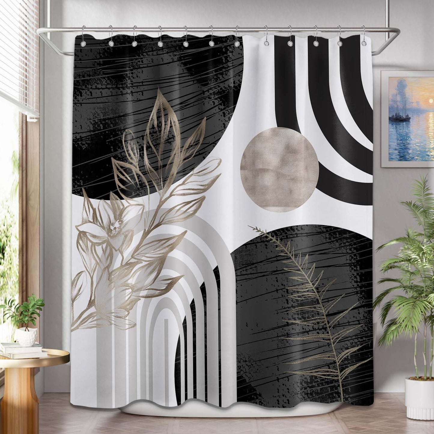 LanZanthic Black and White Shower Curtains for Bathroom Grey Boho Gray Modern Cool Mens Wet Room Shower Curtain with hooks, Mould Proof Resistant
