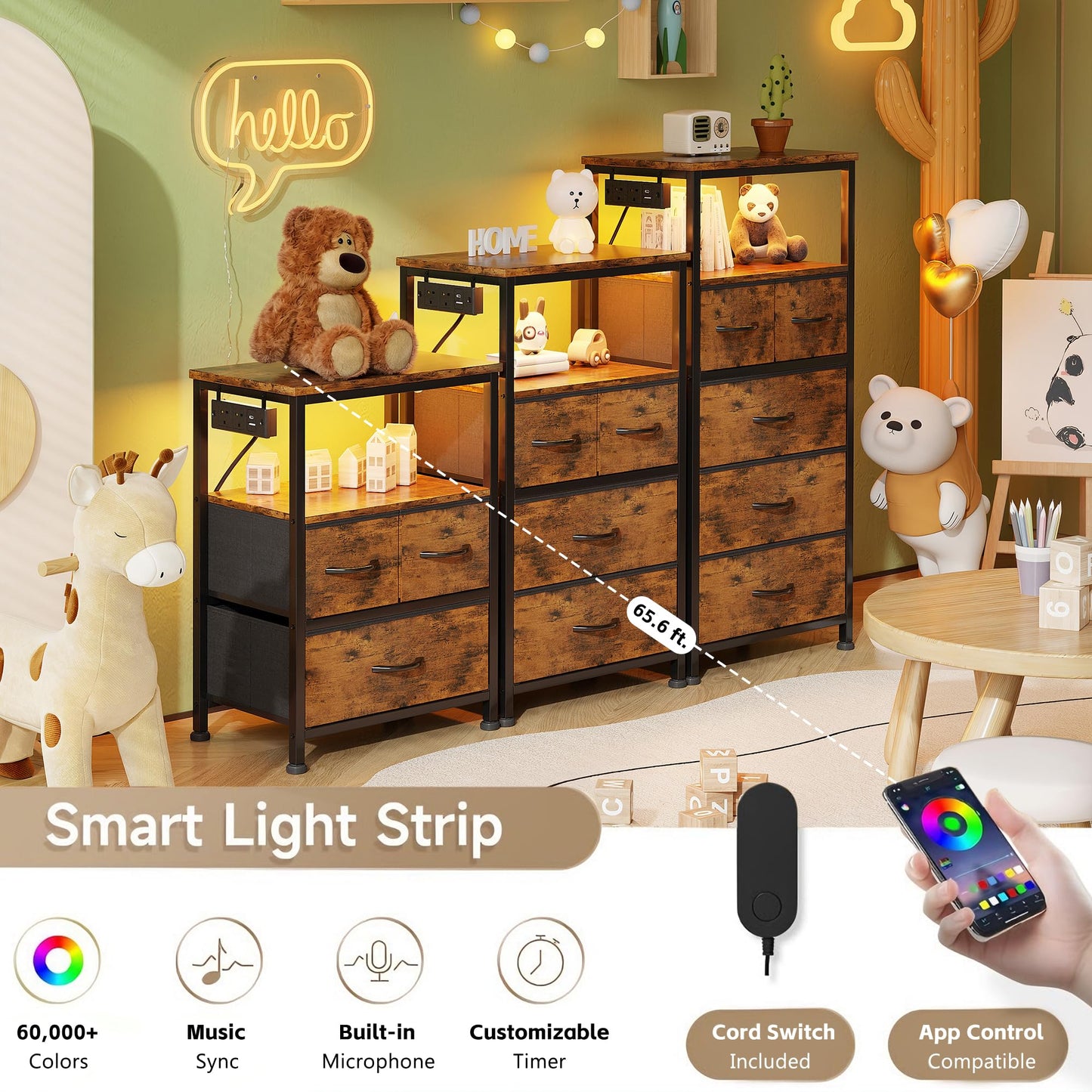 Flrrtenv Bedside Table with Charging Station, 4 Drawers Bedside Cabinet for Bedroom, LED Night Stand with Storage Shelf