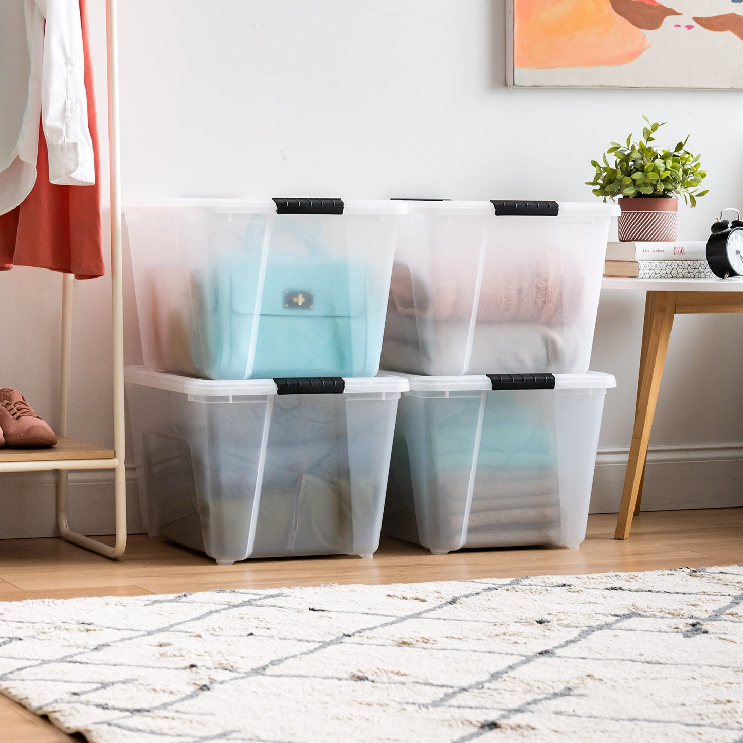 IRIS USA 54 Qt Stackable Plastic Storage Bins with Lids, 4 Pack - BPA-Free, Made in USA - See-Through Organizing Solution, Latches