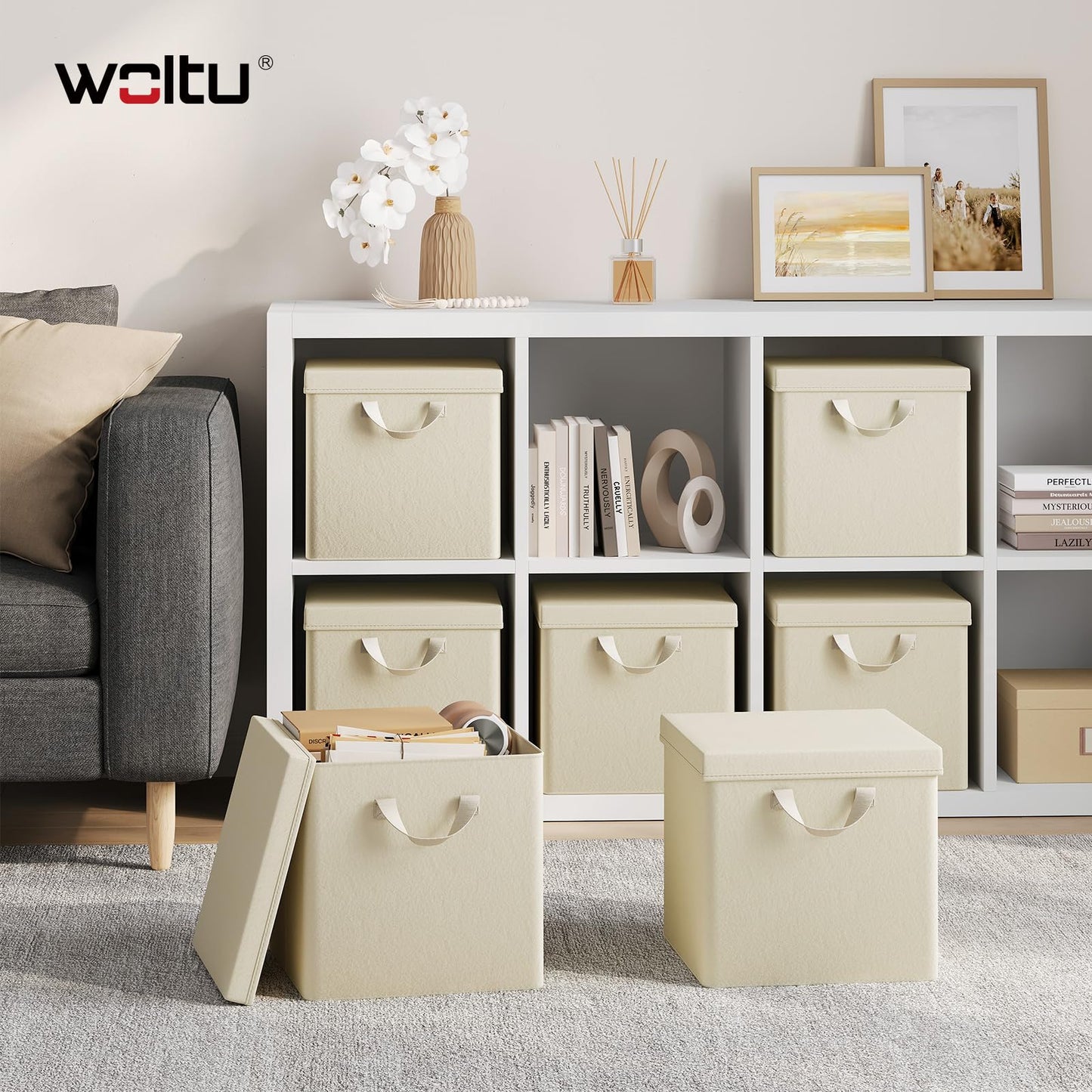 WOLTU Fabric Storage Boxes Set of 5, Folding Baskets with Lids, Handles, Metal Frame, Wardrobe Toy Organisers for Living Room, Bedroom, Office, Cream