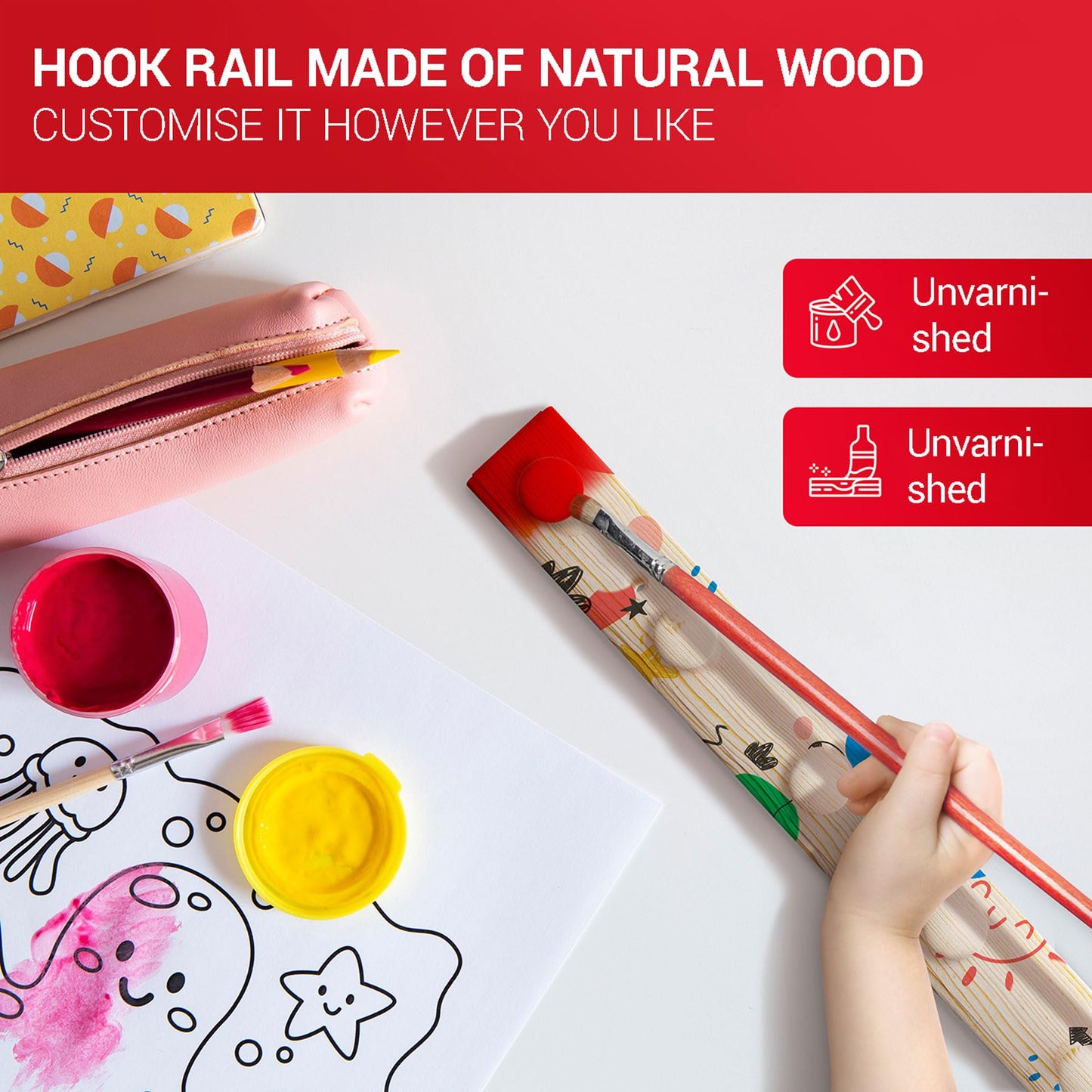 LouMaxx Wooden Hook Rack Made of Pine with 6 Wooden Hooks - Wall Mounting Coat Rack for Children - Untreated Pine Wood