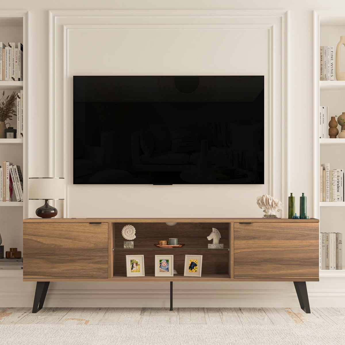 Uniqtrio TV Stand Cabinet | Walnut TV Unit with Glass Shelf | TV Cabinet | TV Stand Unit | TV Units for Living Room | TV Table |Soft Closing Hinges
