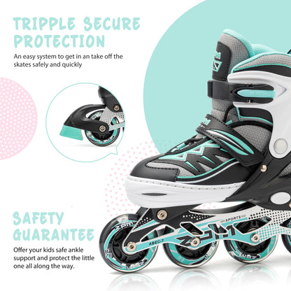 2pm Sports Adjustable Light up Inline Skates, Stylish Design Beginner Roller Skates for Boys and Girls - Mint Small