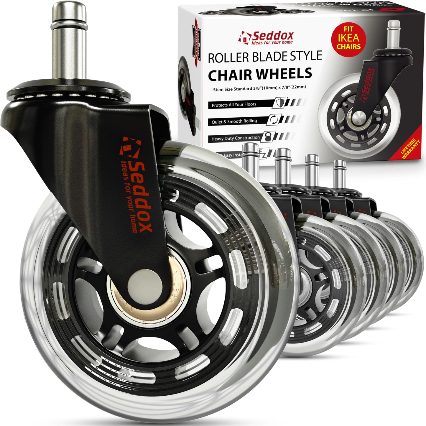 Office Chair Wheels Replacement Set 10mm (3/8" x 7/8") Stem - Fits IKEA Chairs ONLY - Soft Desk Chair Casters for Wood Floors & Carpet