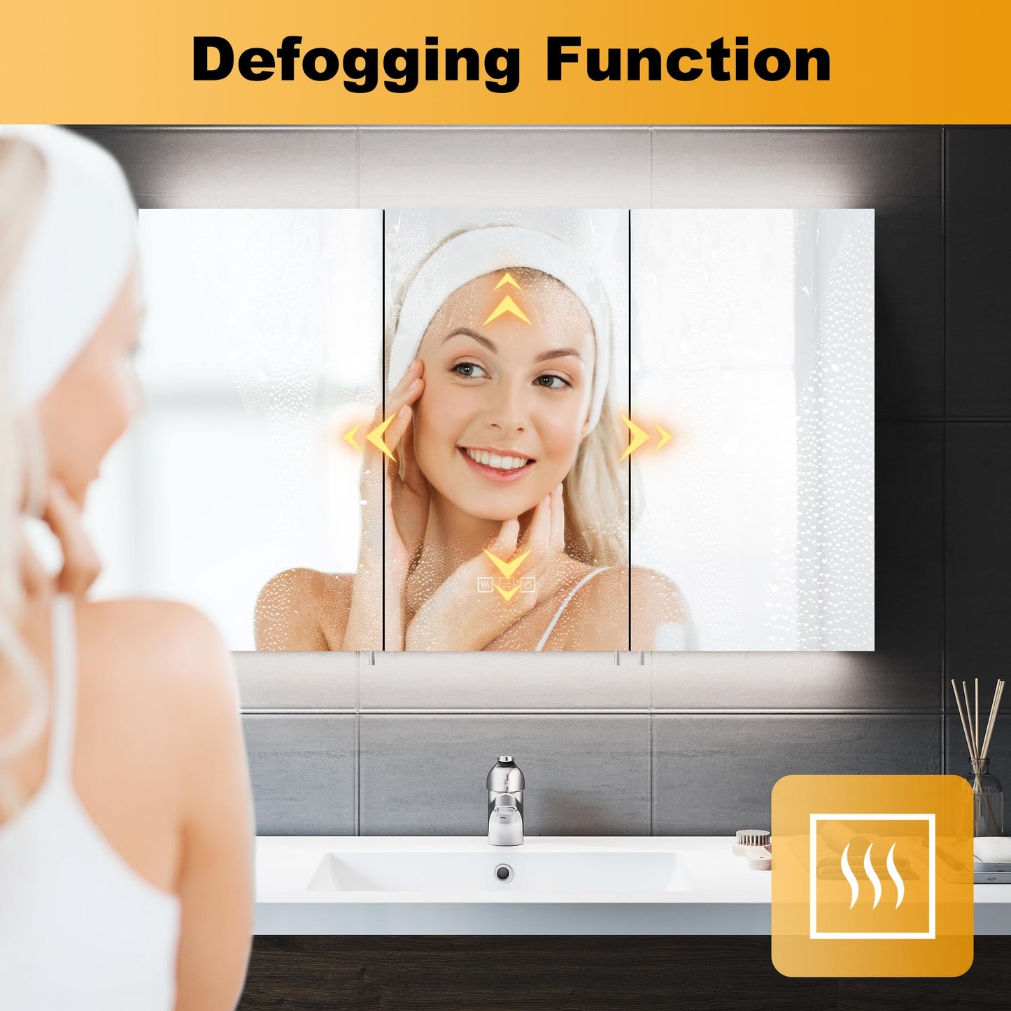 ELEGANT LED Bathroom Cabinet with Shaver Socket Triple Door Wall Mounted Black Bathroom Mirror Cabinets with Three-color Infinitely Dimmable and