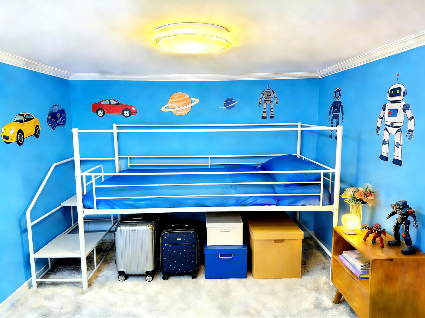 XINBEDEU Single Low Loft Bed with Storage Stairs, Metal Mid Loft Bed Frame with Safety Guardrails, Space-Saving Design for Bedroom