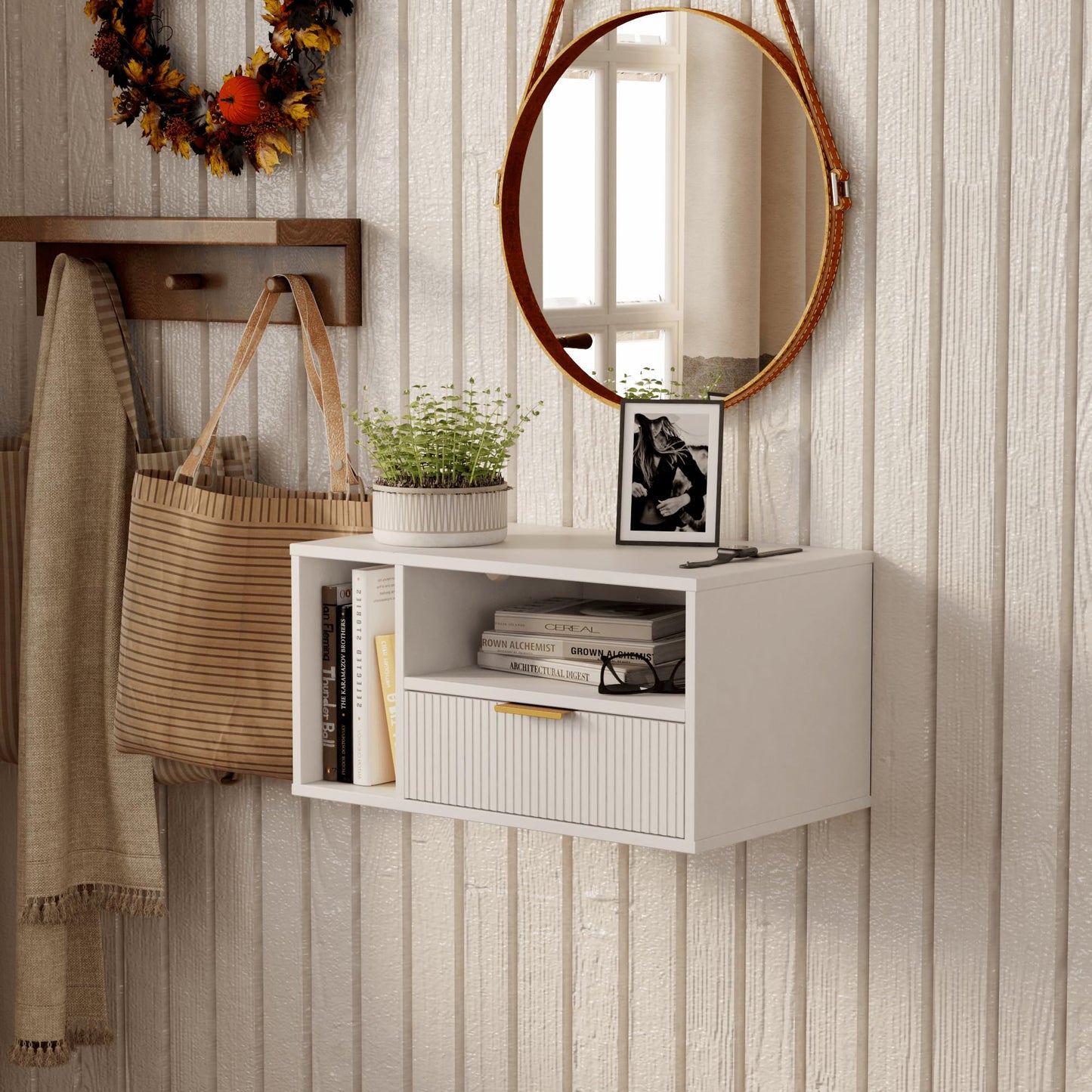 JERX Floating Bedside Table, Wall Mounted Nightstand with Storage Drawer Modern Wooden Bedside Table for Bedroom White