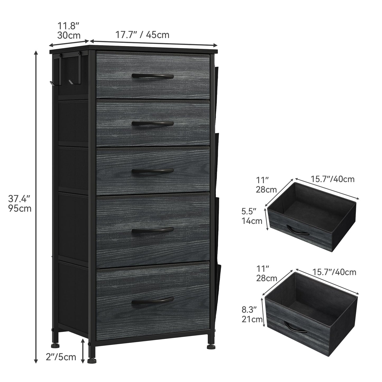 YITAHOME Narrow Chest of Drawers with 5 Drawers, Fabric Drawers with Side Pocket&Hooks,Sturdy Steel Frame,Storage Drawers for Bedroom