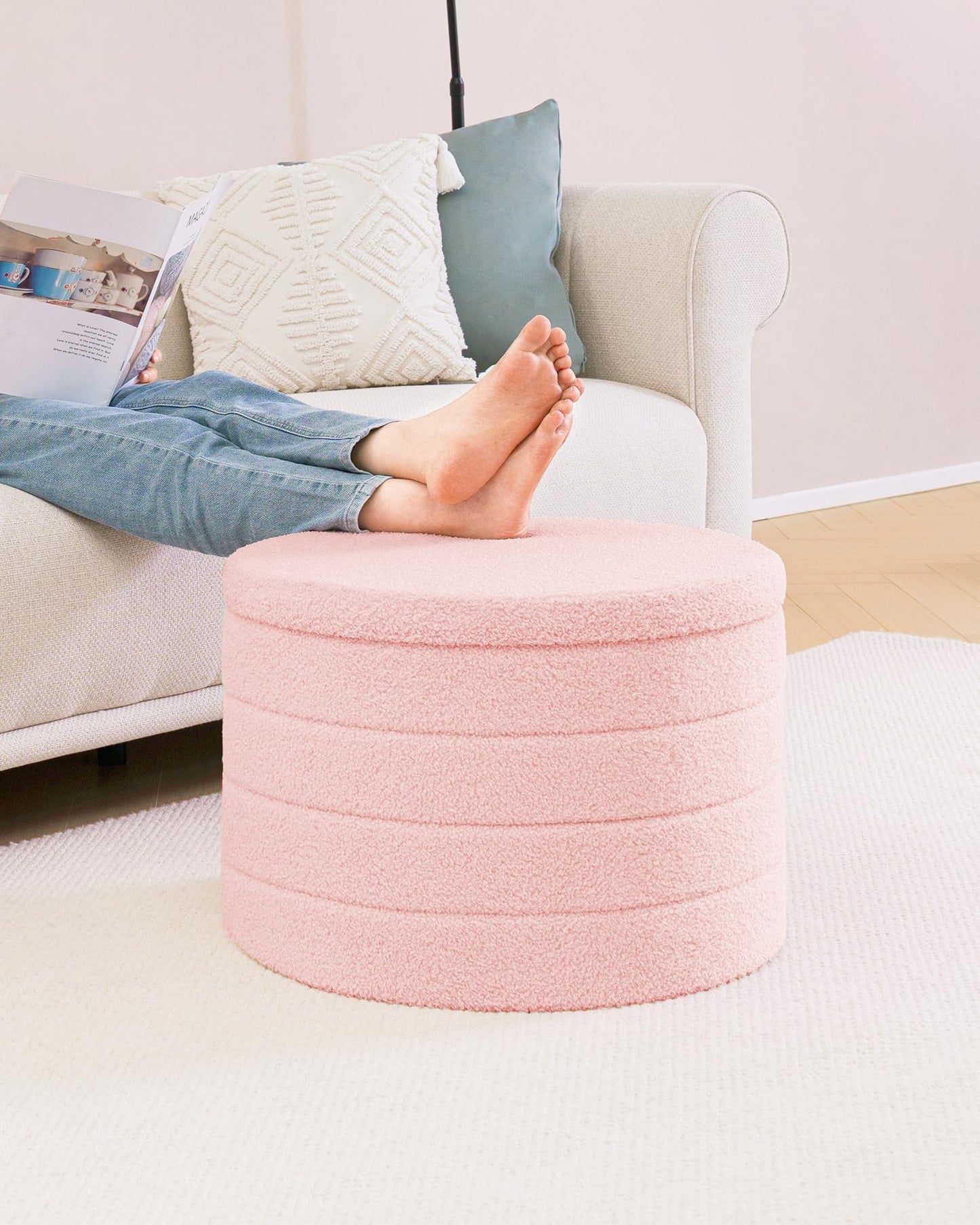 Bonlife Extra Large Folding Round Ottoman with Storage,Boucle Ottoman Stool, Footstool Seat Coffee Table,Toy Box Storage,Footrest Stool for Living