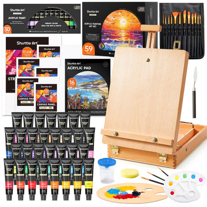 Shuttle Art 59 Pack Acrylic Painting Set, Professional Deluxe Art Set with Table Top Easel, 30 Colours Acrylic Paints Set, Canvas, Brushes, Complete