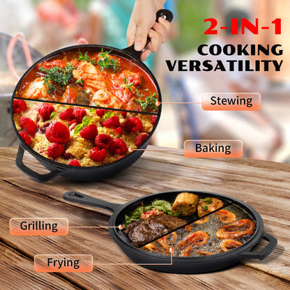 Overmont Pre-Seasoned 3L/3.2 quart Cast Iron Combo Cooker with Lid,2 in 1 with Cookbook Recipe,3L Dutch Oven, 1.4L Skillet, Grill Griddle Works on