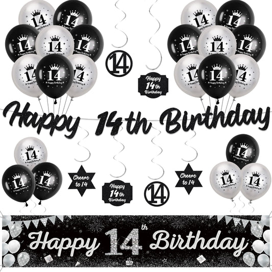 14th Birthday Decorations for Boys Girls - Black Silver Happy 14th Birthday Yard Garland and Banner, Glitter Hanging Swirls Decor and Latex Balloons