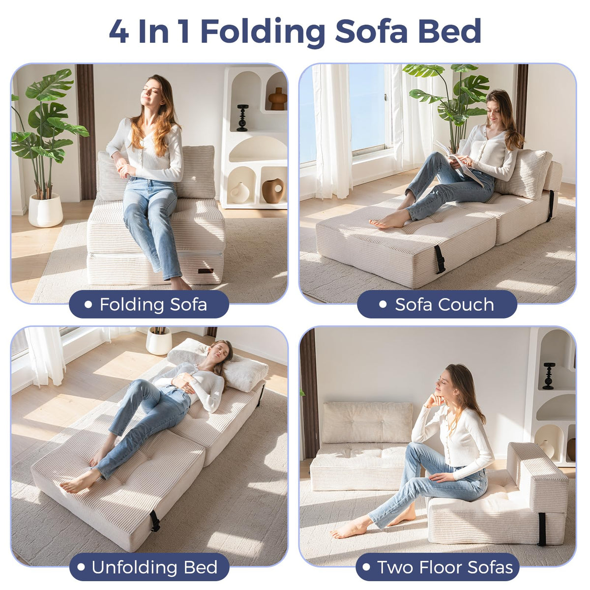 MAXYOYO Folding Sofa Bed, Convertible Sofa Bed with High-Density Support Foam, Portable 4 in 1 Fold Out Chair to Floor Lounger