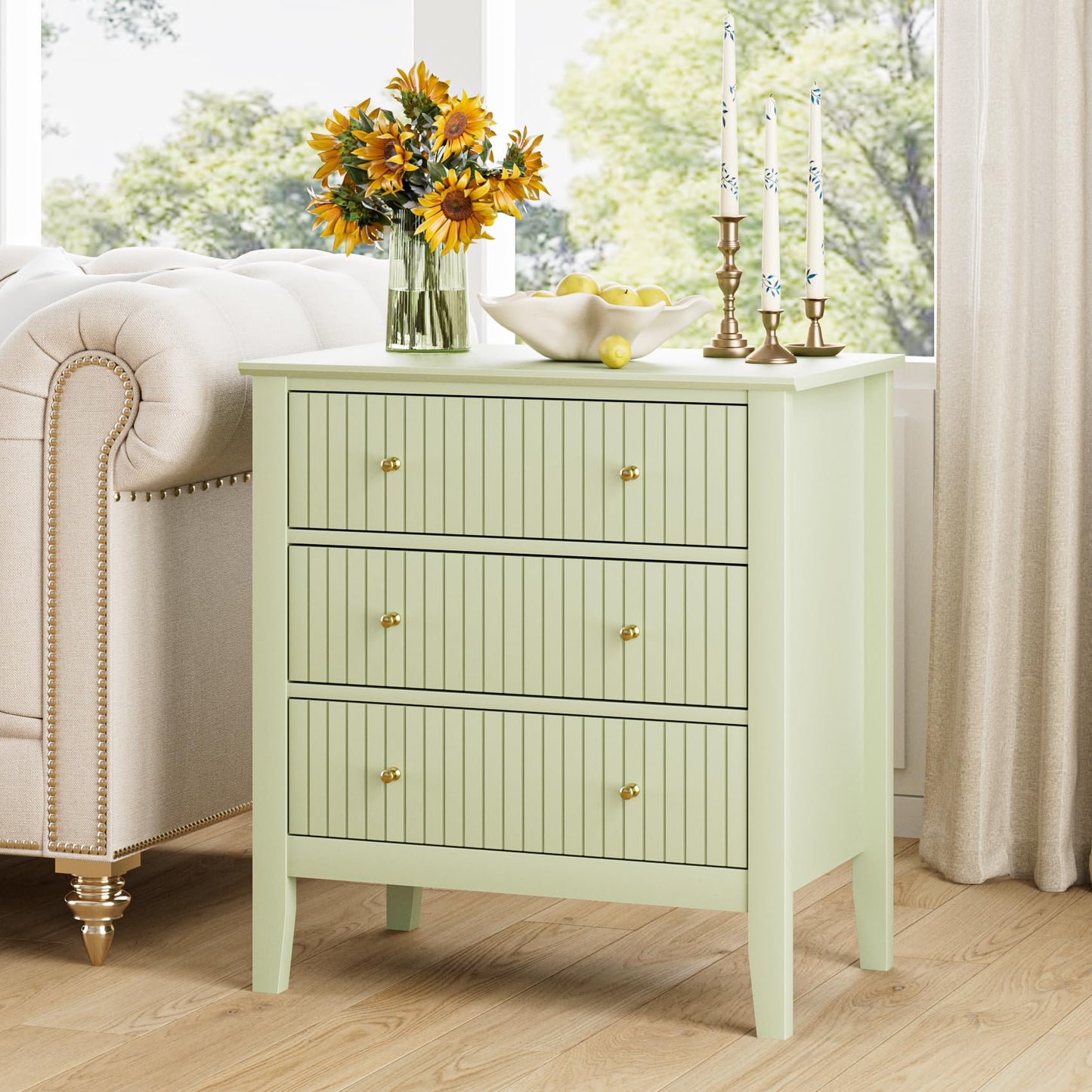 Apetaccat Large Bedside Table Bedroom, 3 Drawer Chest of Drawers, Bedside Cabinet With Metal Handles,for Bedroom Livingroom,Hallway,Green