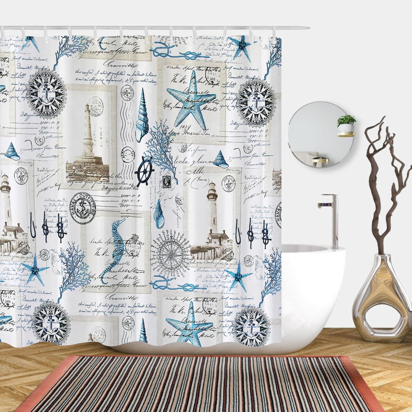 Simpomsy Nautical Shower Curtain Sailboat Compass Anchor Bathroom Curtain Waterproof Mildew & Mould Resistant Polyester Fabric Bath Curtain with 12