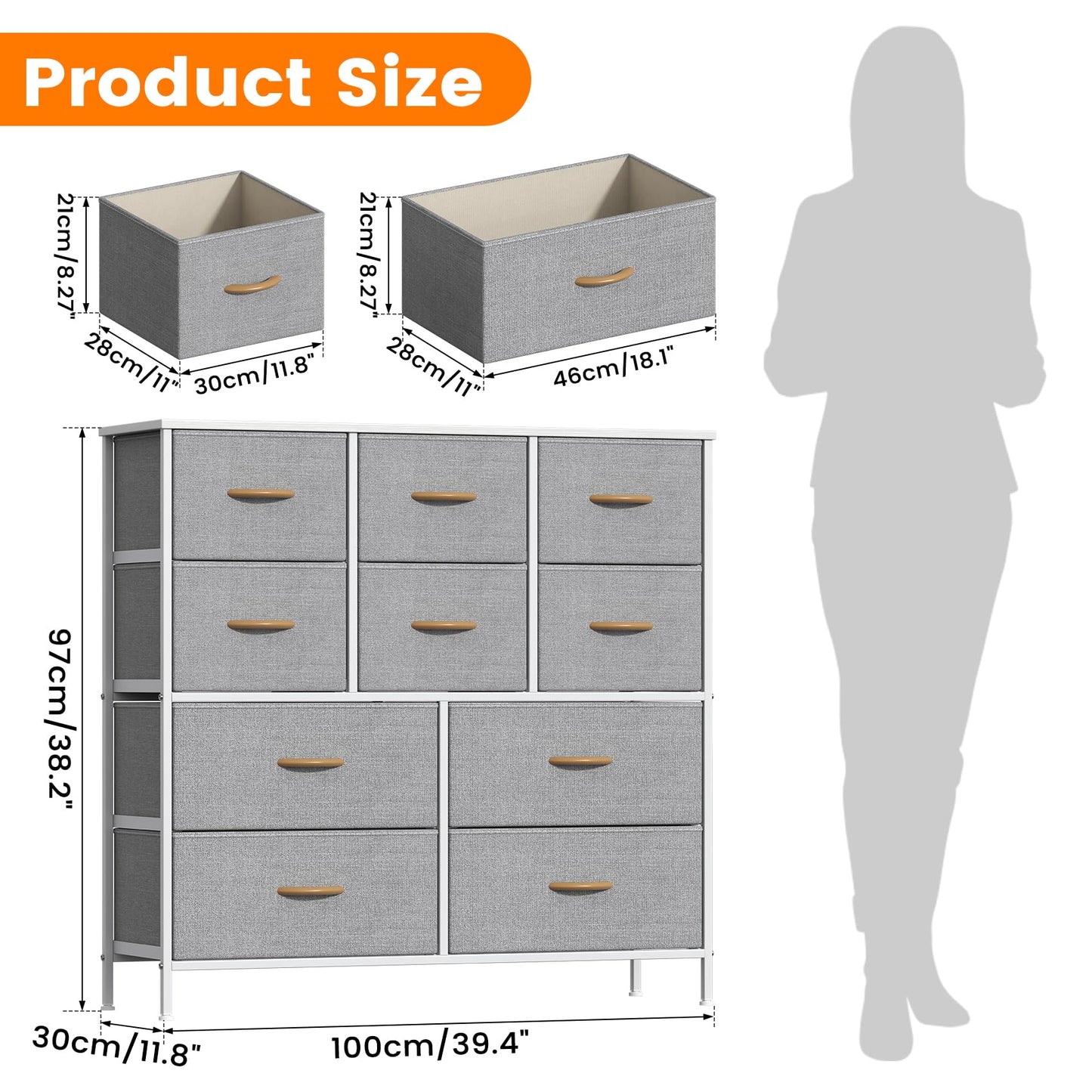 Feonase Chest of Drawers, Bedroom Tall Dresser with 10 Fabric Drawers, Metal Frame & MDF Wood Top, Adjustable Feet