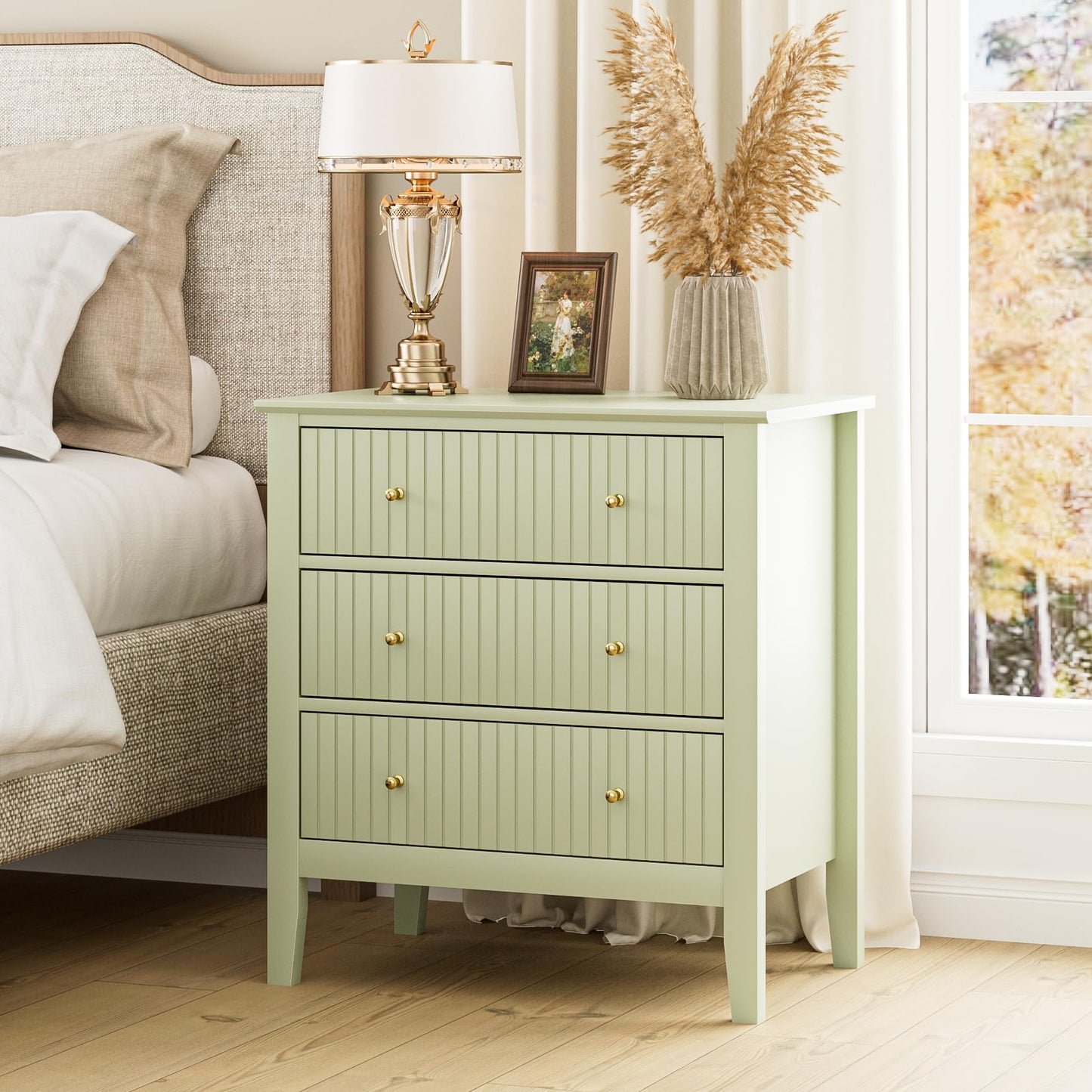 Apetaccat Large Bedside Table Bedroom, 3 Drawer Chest of Drawers, Bedside Cabinet With Metal Handles,for Bedroom Livingroom,Hallway,Green