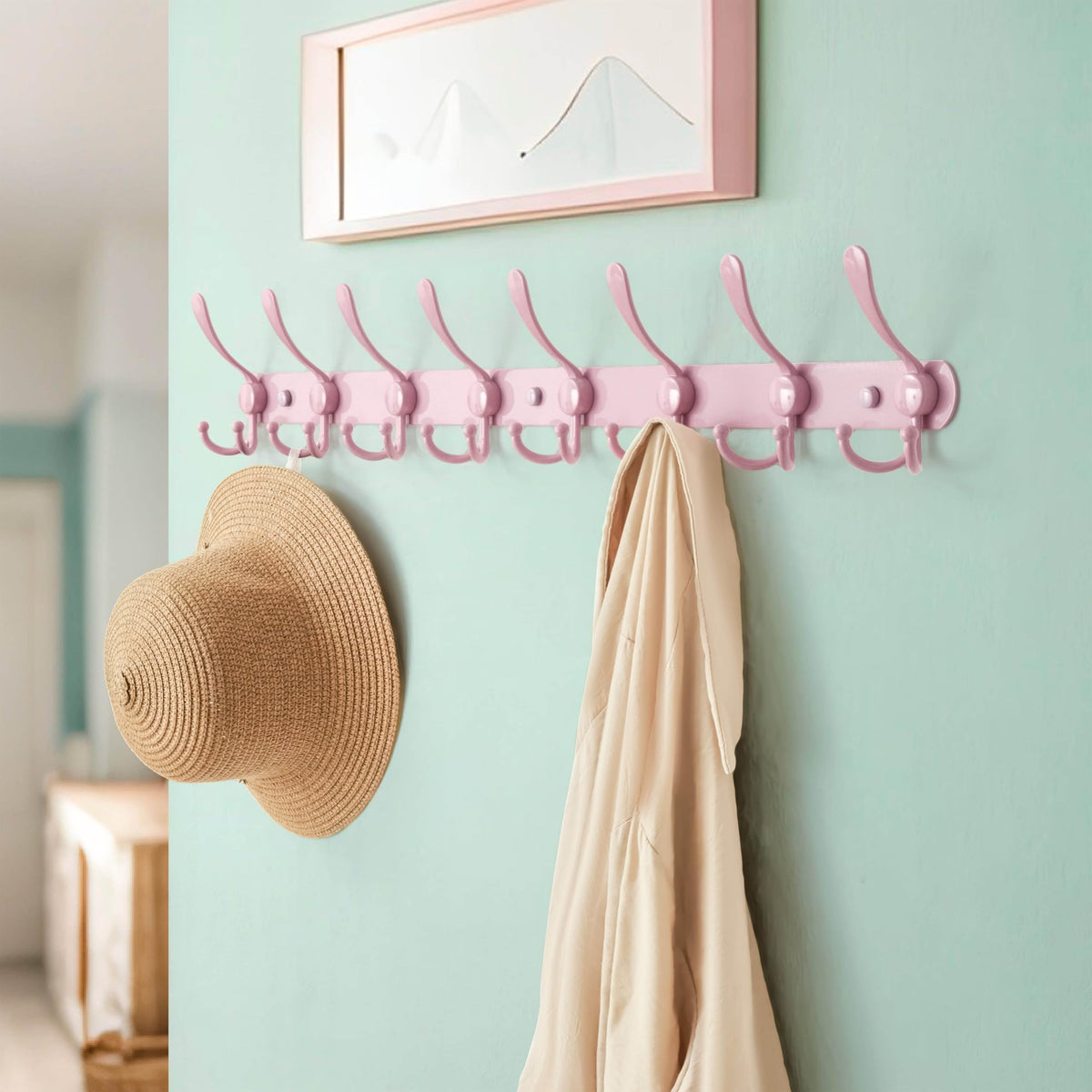 Dseap Coat Rack Wall Mount - 74cm Long 8-Tri-Hooks Heavy Duty Coat Hanger Rail Wall Hooks for Hanging Coats Hats Clothing Clothes Purse Mudroom