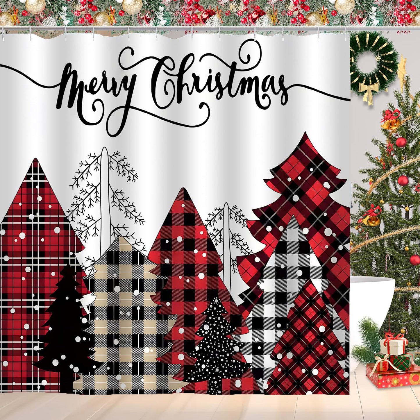 CoFlink 71×71 Inch Merry Christmas Shower Curtain, Waterproof Polyester Fabric Xmas Shower Curtain with 12 Hooks Machine Washable Quick Dry for