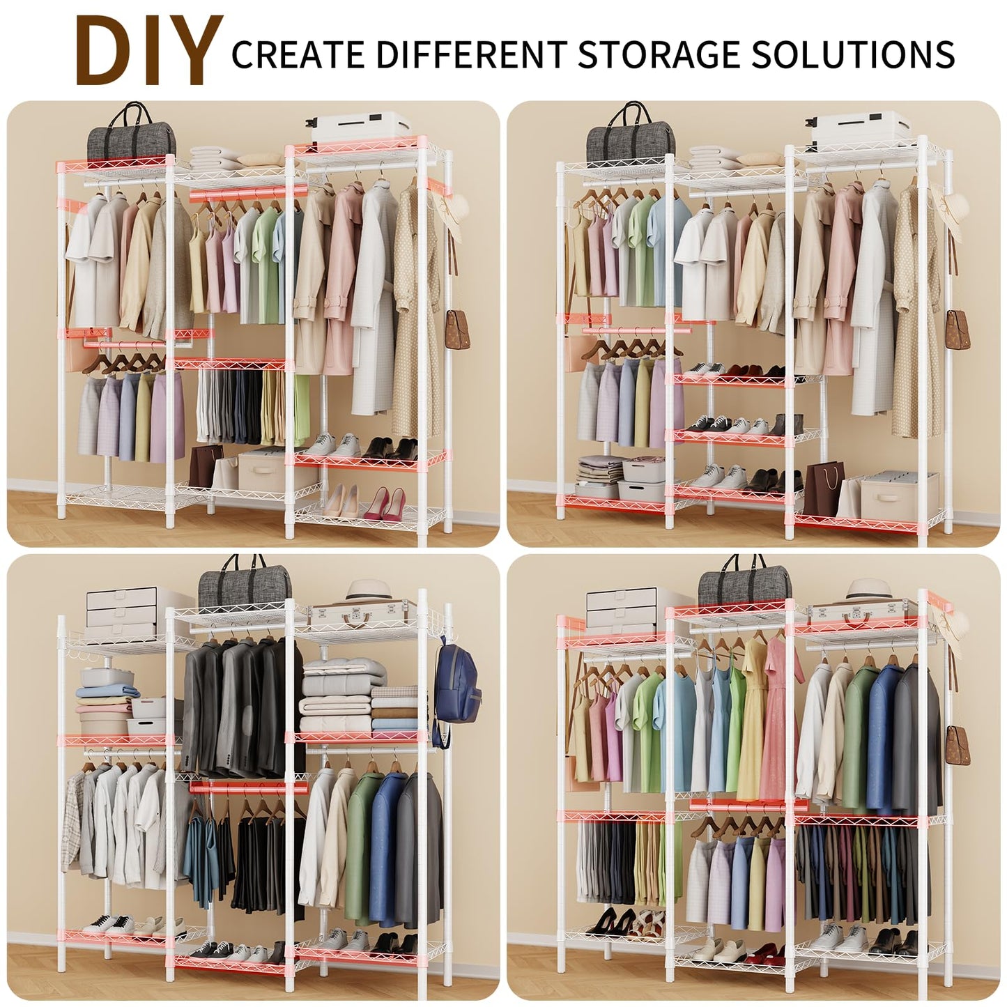 AQRA Metal Open Wardrobe, Heavy Duty Clothes Rail, 4 Assembly Ways, White
