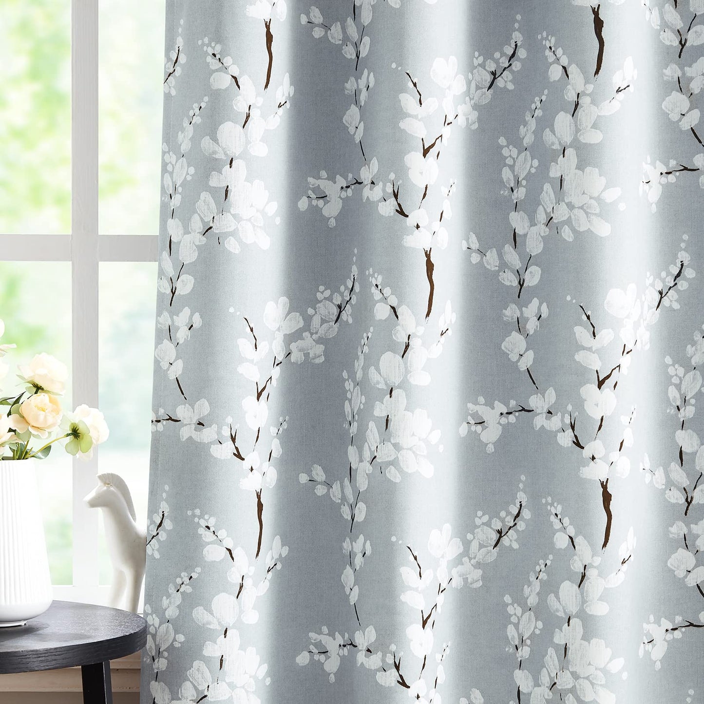 Fmfunctex Grey Floral Blackout Curtains for Bedroom 54 inch Drop Eyelet Curtains for Living Room Nursary Blossom Thermal Insulated Window Curtain