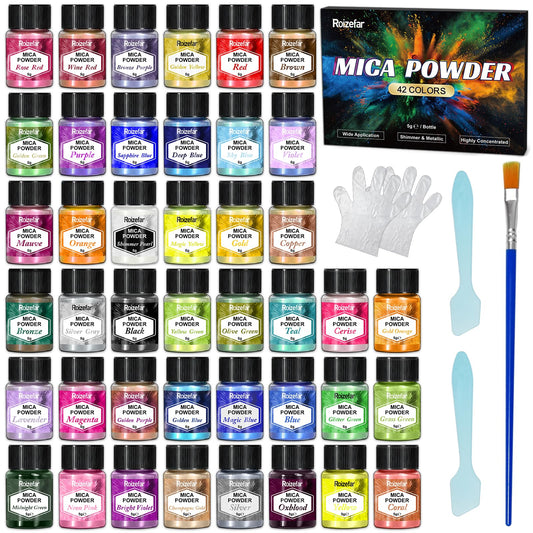 Roizefar Mica Powder, 42 Colours x 5 g Pearlescent Epoxy Resin Pigment Metallic Powder for Soap Paint, Jewellery Making, Nail Polish, Epoxy Resin,