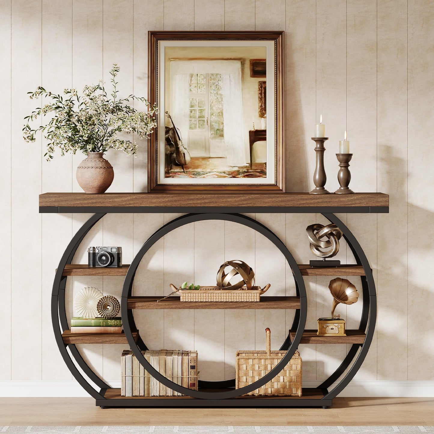Tribesigns Circle Base Console Table | Narrow Entryway Table 120x30x80cm | 4-Tier Storage Shelf | Industrial Farmhouse Hallway Sofa Table,Rustic