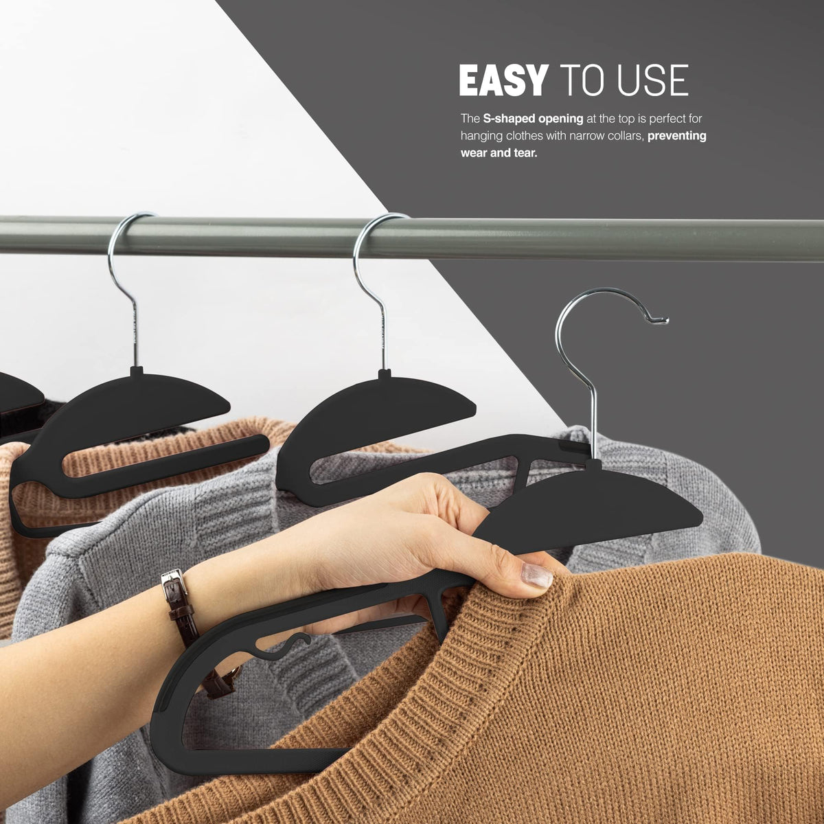 KEPLIN 50 Pack Non-Slip Hangers Durable Slimline Design Space Saving With 360 Swivel, Tie Organiser, Strap Hooks and S Shape Opening 41x22cm in