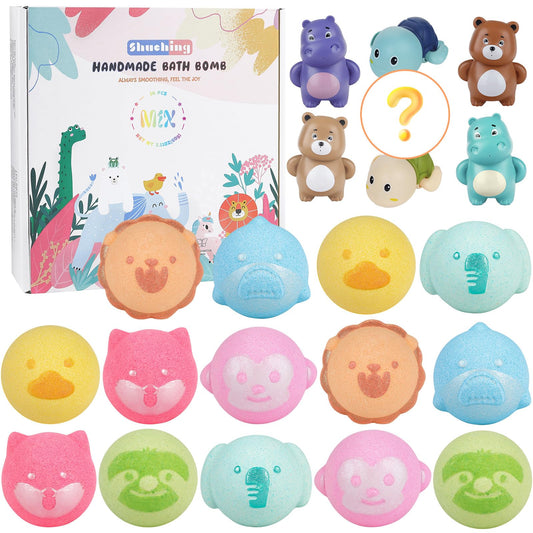 SHUCHING 14pc Animal Shapes Bath Bombs for Kids with Toys, Handmade Kids Bath Bombs Gift Set with Water Pistols, Natural Organic Bubble Bath for Boys
