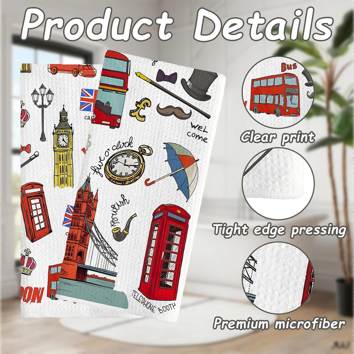 Nodrex 2 Pcs London Tea Towel Set, Soft Microfiber London Tea Towels, British Themed Tea Towels for Kitchen and Home, London Souvenir Tea Towels Gift