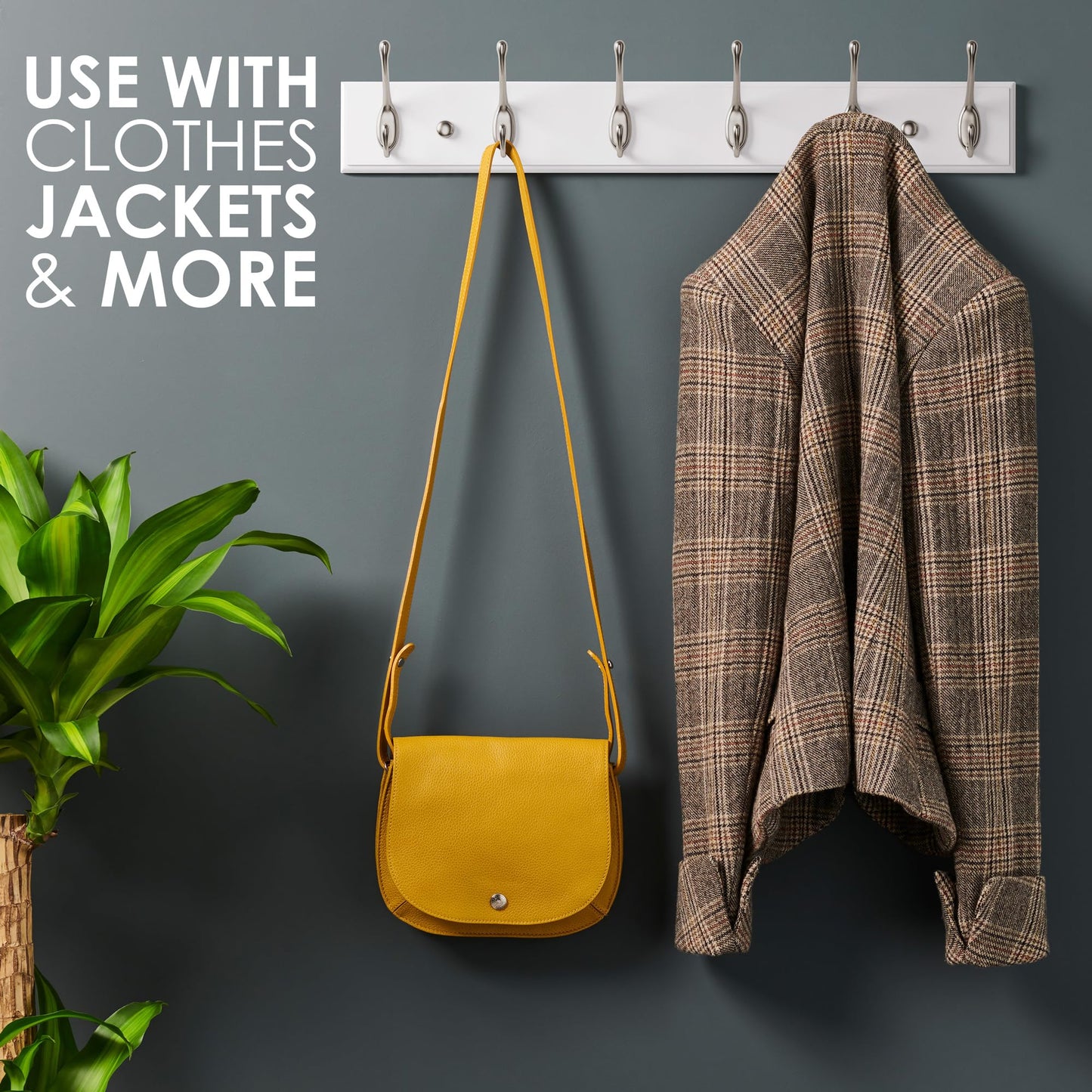 LARHN White Wall-Mounted Coat Rack - 6 Matt-Nickel Coat Hooks, 59cm