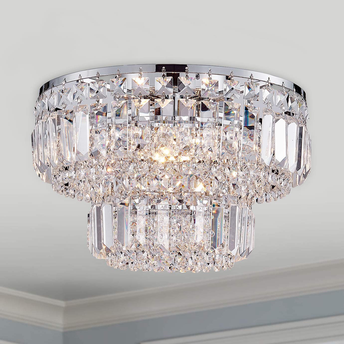 BESTIER Modern Chrome Crystal Flush Mount Chandelier Lighting LED Ceiling Light Fixture Lamp for Dining Room Bathroom Bedroom Livingroom 4 G9 Bulbs
